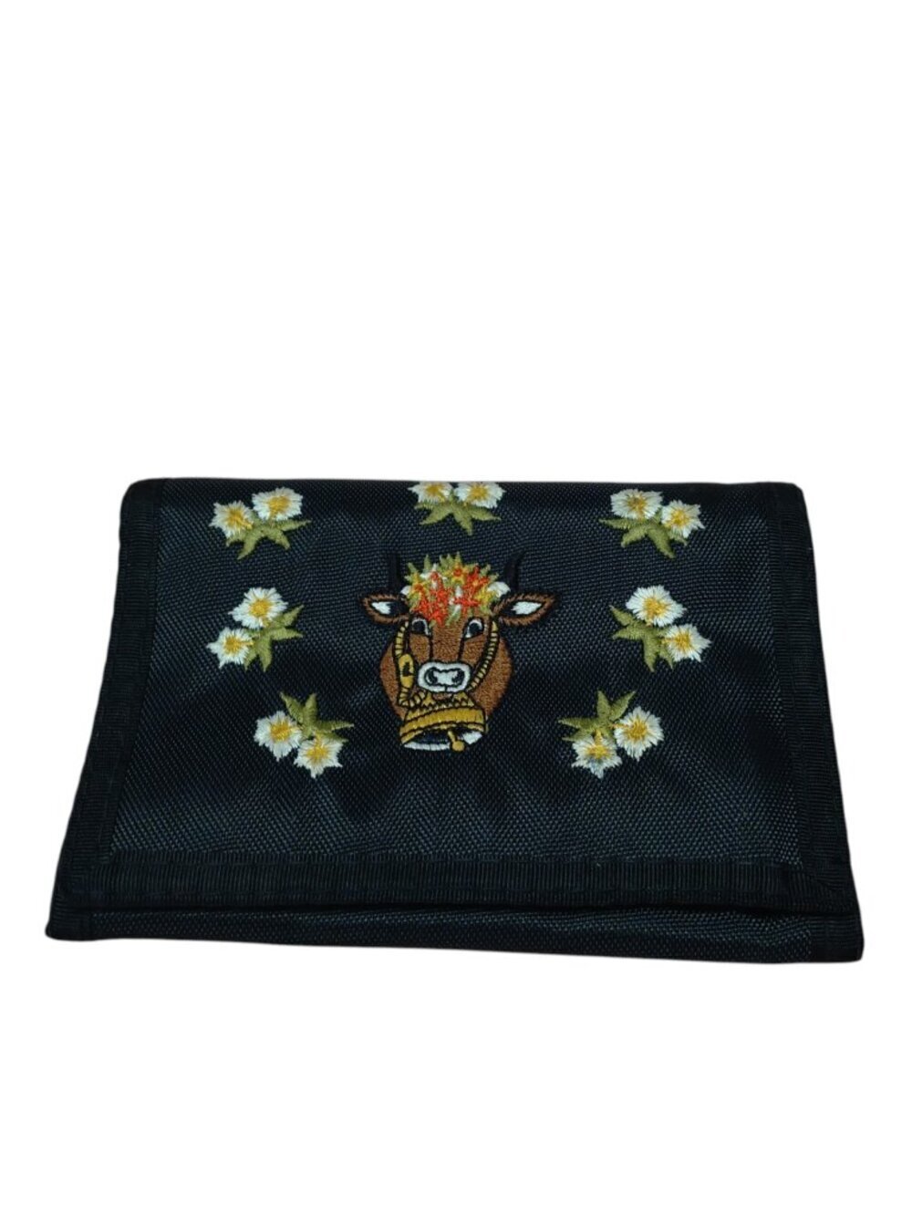 Swiss Alp Fantasy Embroidered Highland Cow Trifold Wallet Hook Loop Closure